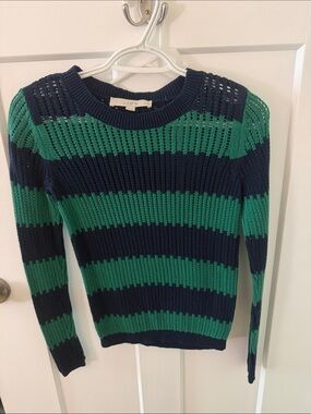 LOFT Navy & Green Wide-Stripe Crewneck Sweater